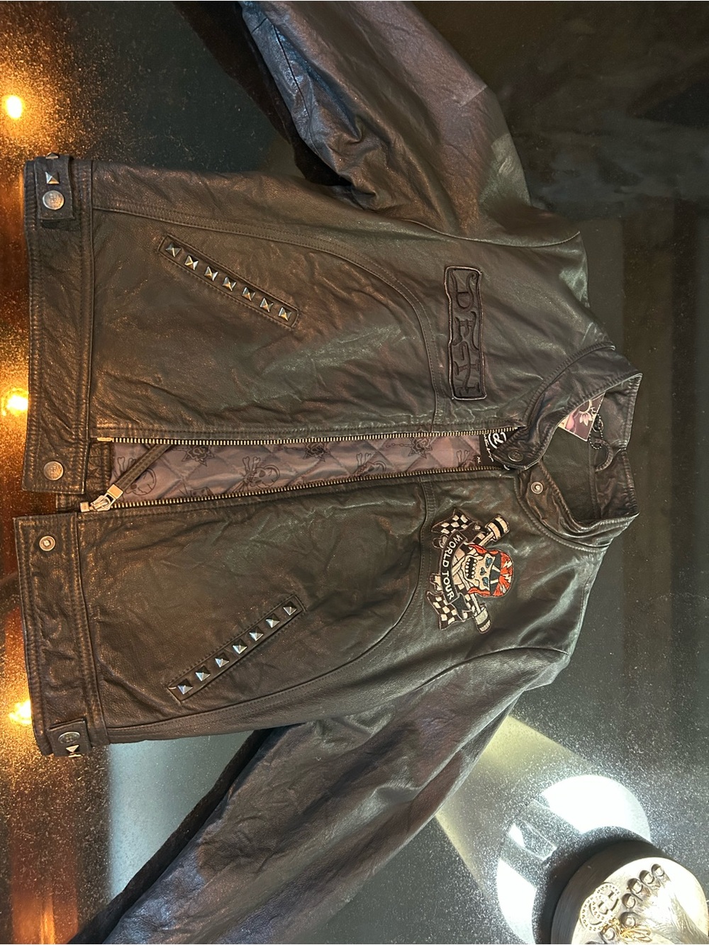Ed Hardy Black Leather Studded Bomber Jacket with Embroidered Crest